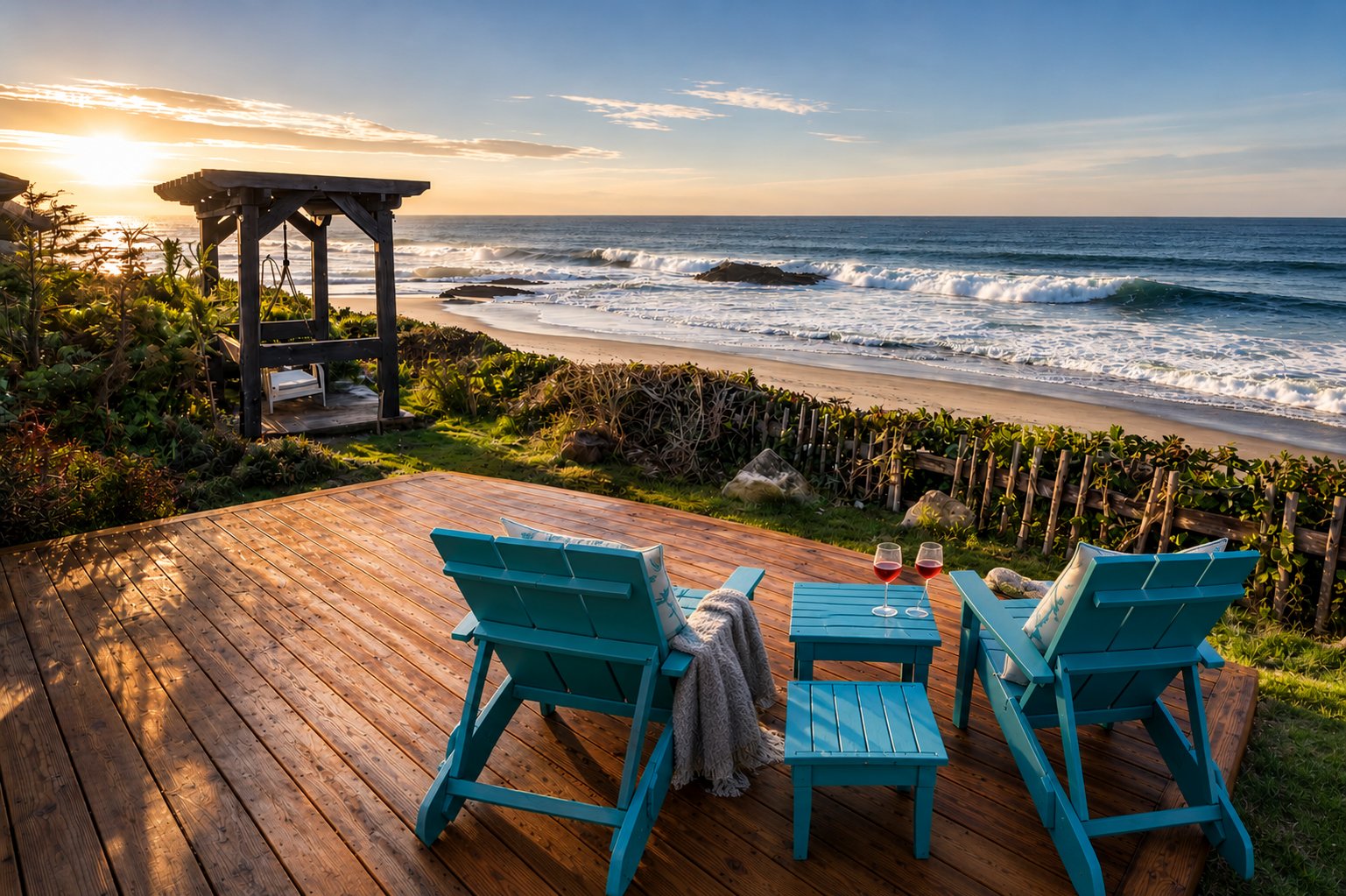 Oceanfront deck with Adirondack chairs and sunset views at Anchor Court Beach House Lincoln City Oregon