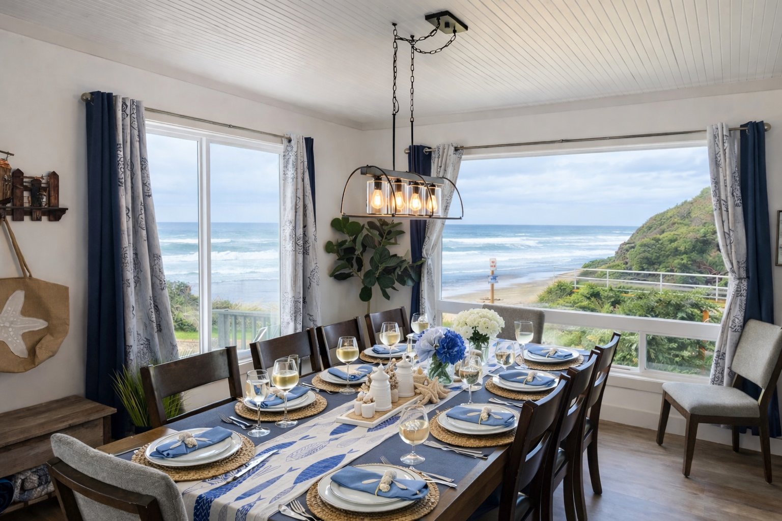 Oceanfront dining room at Anchor Court Beach House Lincoln City Oregon vacation rental with large table set for ten guests featuring blue coastal linens white hydrangea centerpiece wine glasses woven placemats and breathtaking panoramic Pacific Ocean and beach views through floor-to-ceiling windows with navy curtains