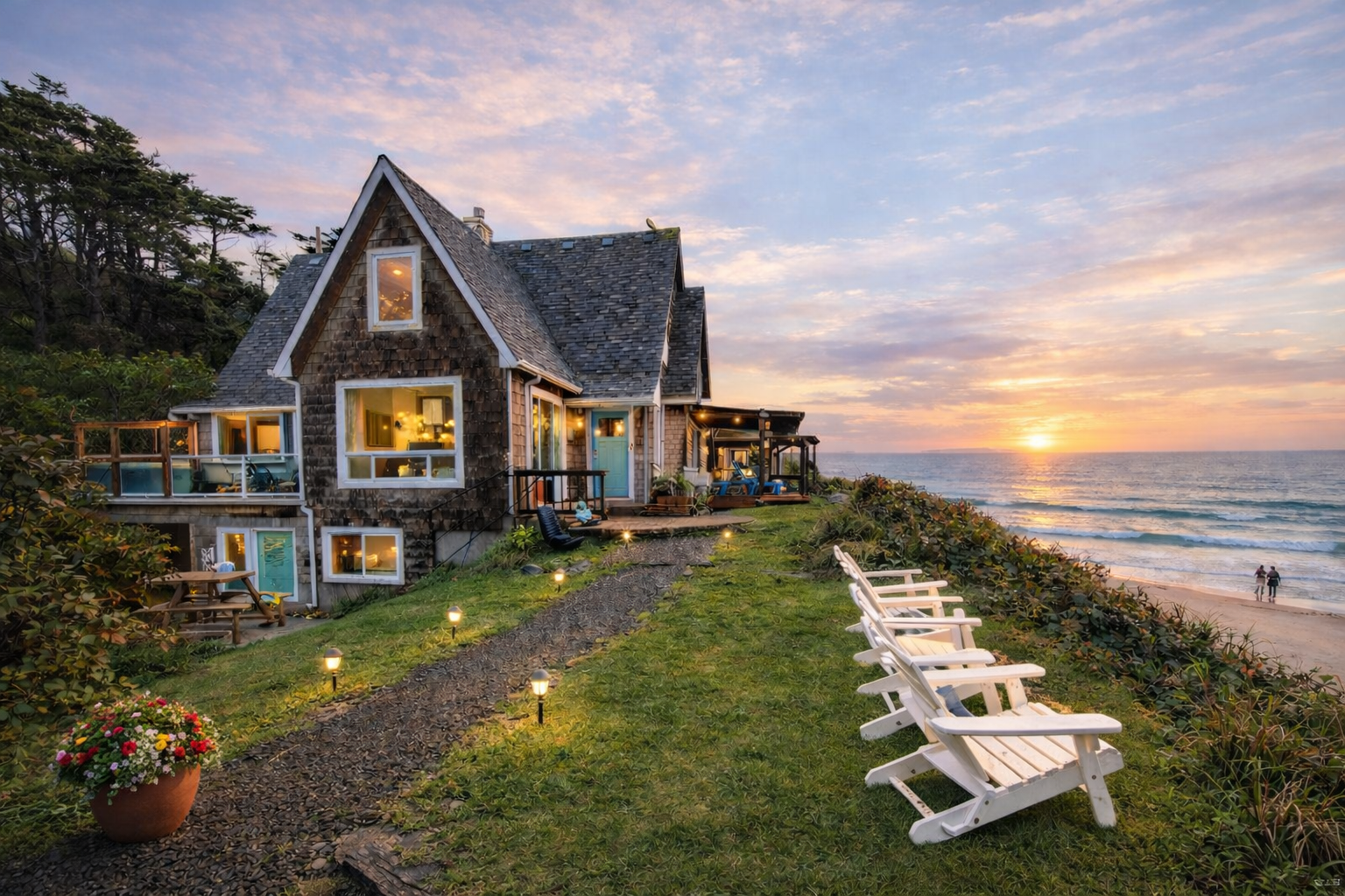 Anchor Court Beach House at sunset with ocean view in Lincoln City Oregon