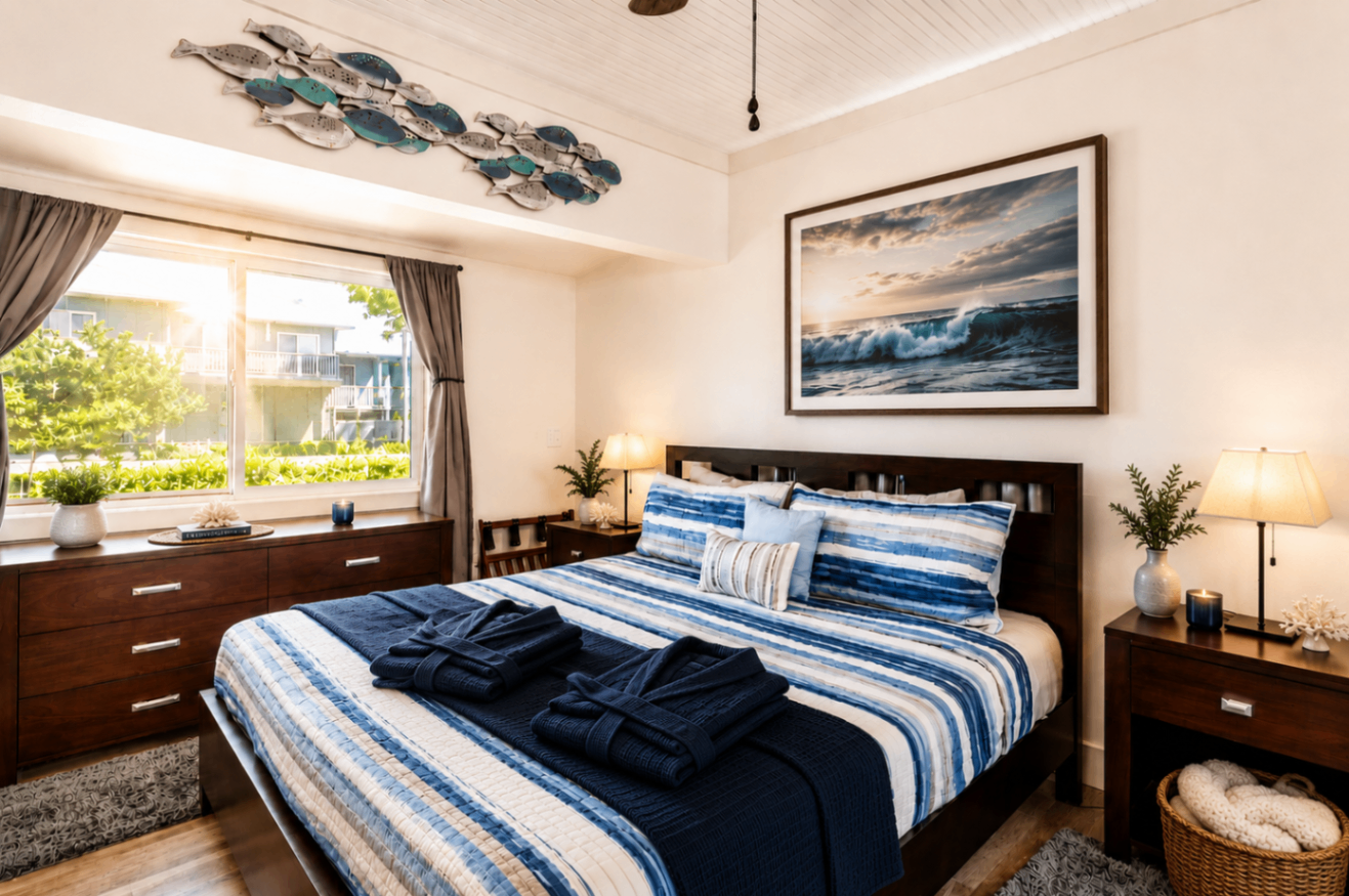 Primary king bedroom suite with coastal decor and ocean wave artwork at Anchor Court Beach House Lincoln City Oregon vacation rental