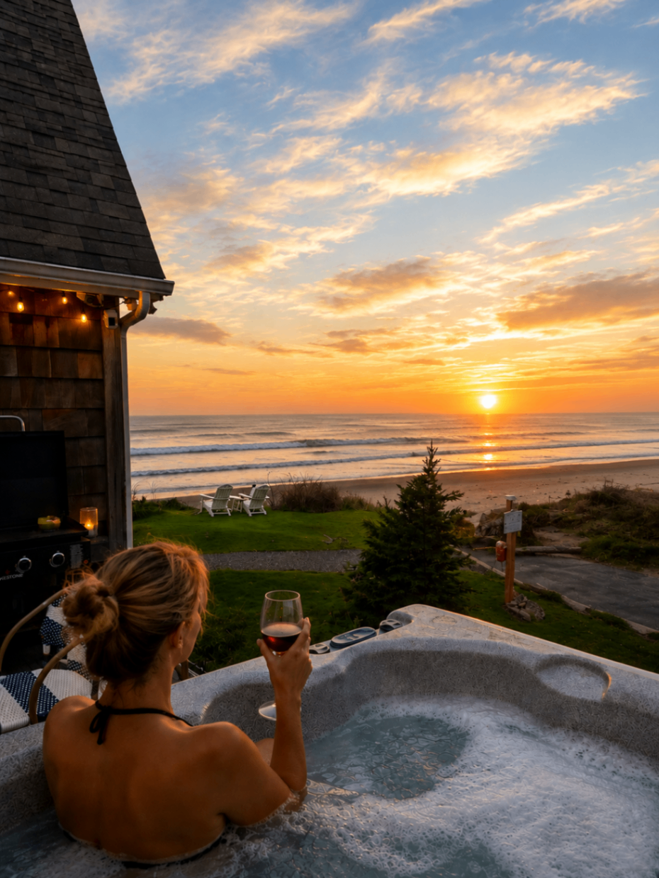 Guest relaxing in ocean-view hot tub with wine watching a stunning Pacific sunset at Anchor Court Beach House Lincoln City Oregon vacation rental